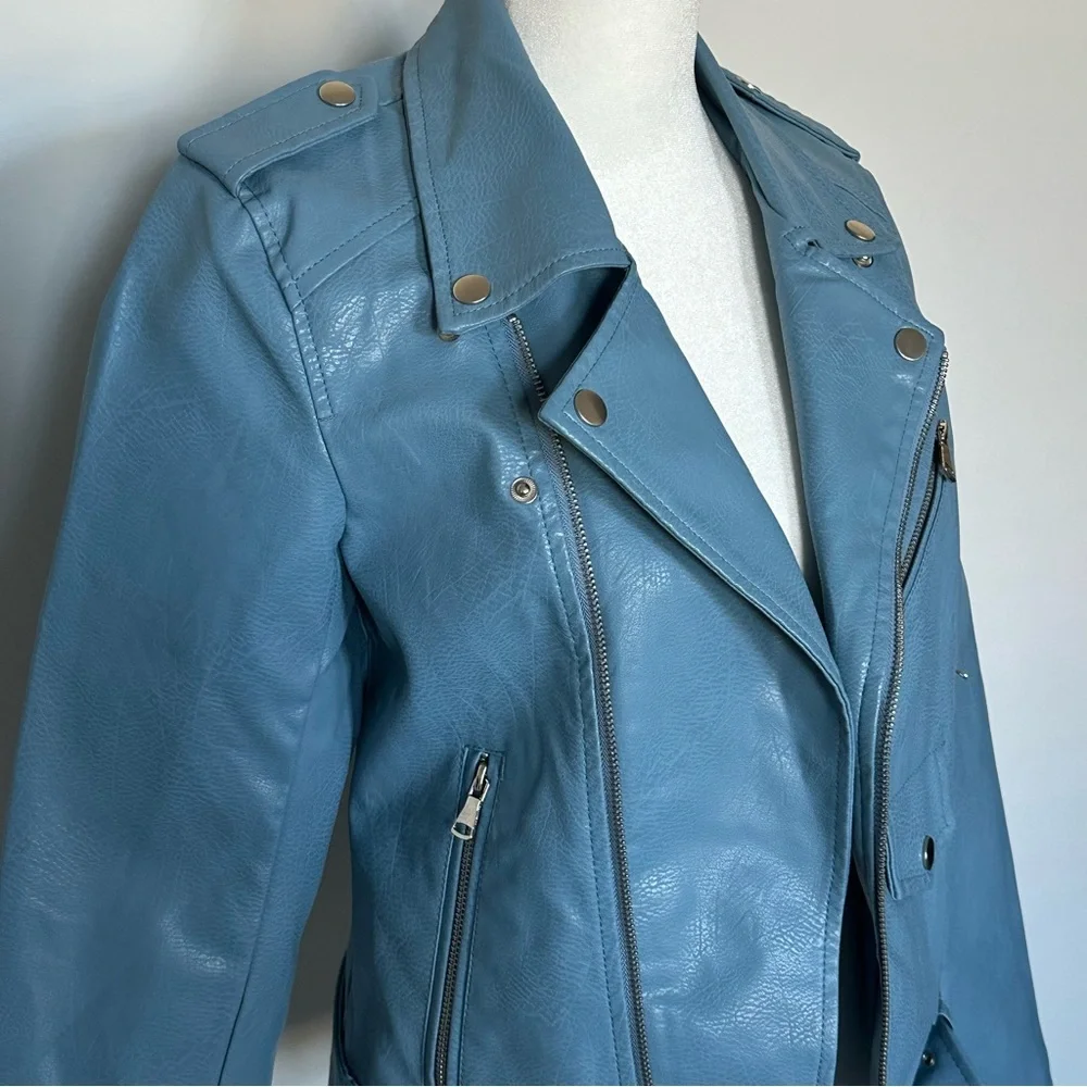 Ly Varey Lin Light Blue Faux Leather Moto Jacket with‎ Belt Women’s Small